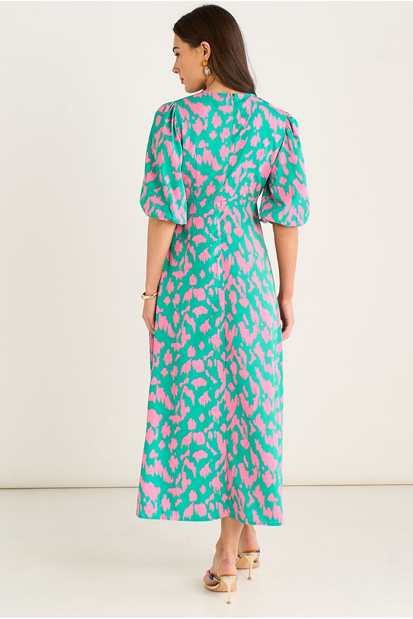 Green Animal Print V Neck Shift Midi Dress GL934005