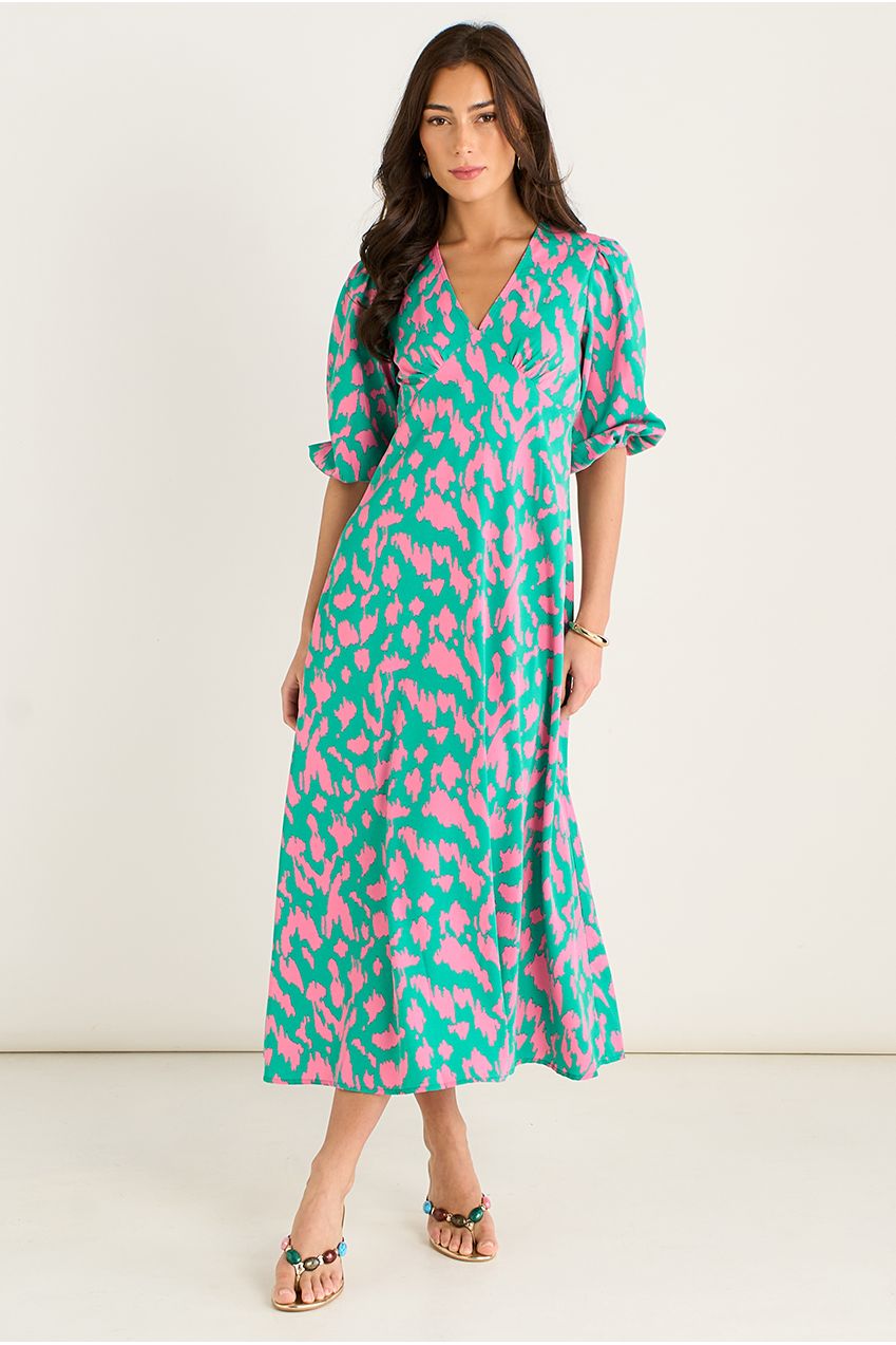 Green Animal Print V Neck Shift Midi Dress GL934005