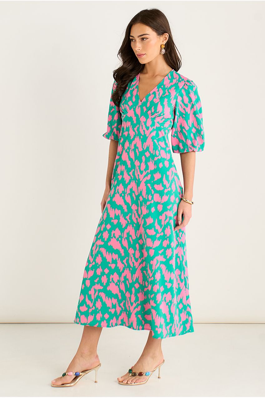 Green Animal Print V Neck Shift Midi Dress GL934005