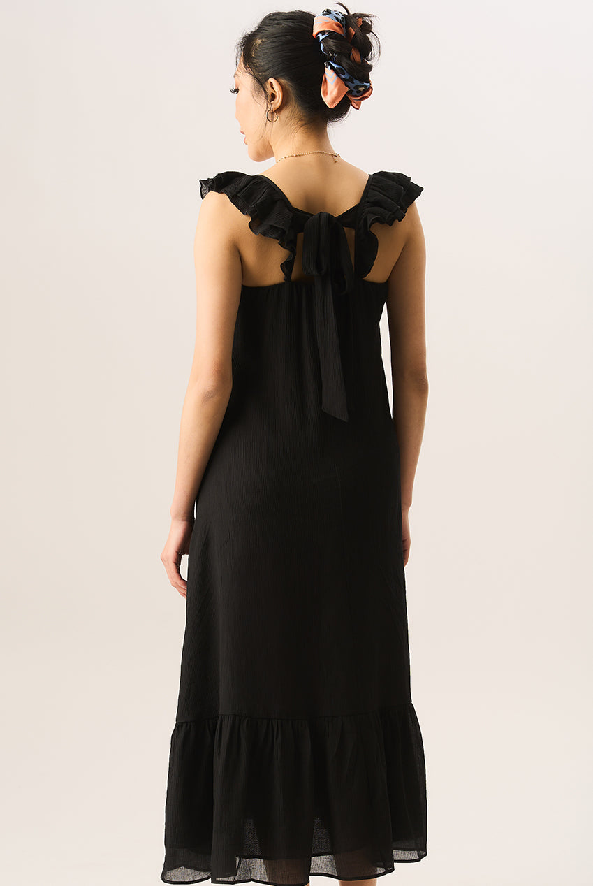 Black Ruffle Short Sleeve Viscose Maxi Dress GL937001