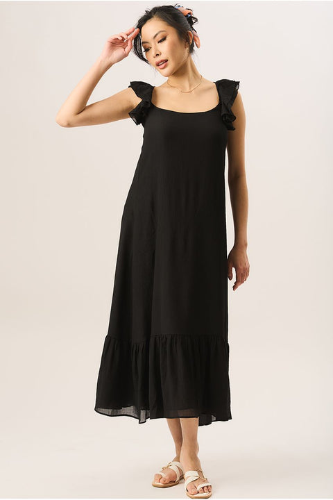 Black Ruffle Short Sleeve Viscose Maxi Dress by Gini London