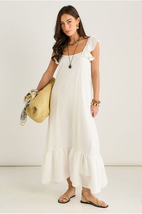 White Ruffle Short Sleeve Viscose Maxi Dress by Gini London
