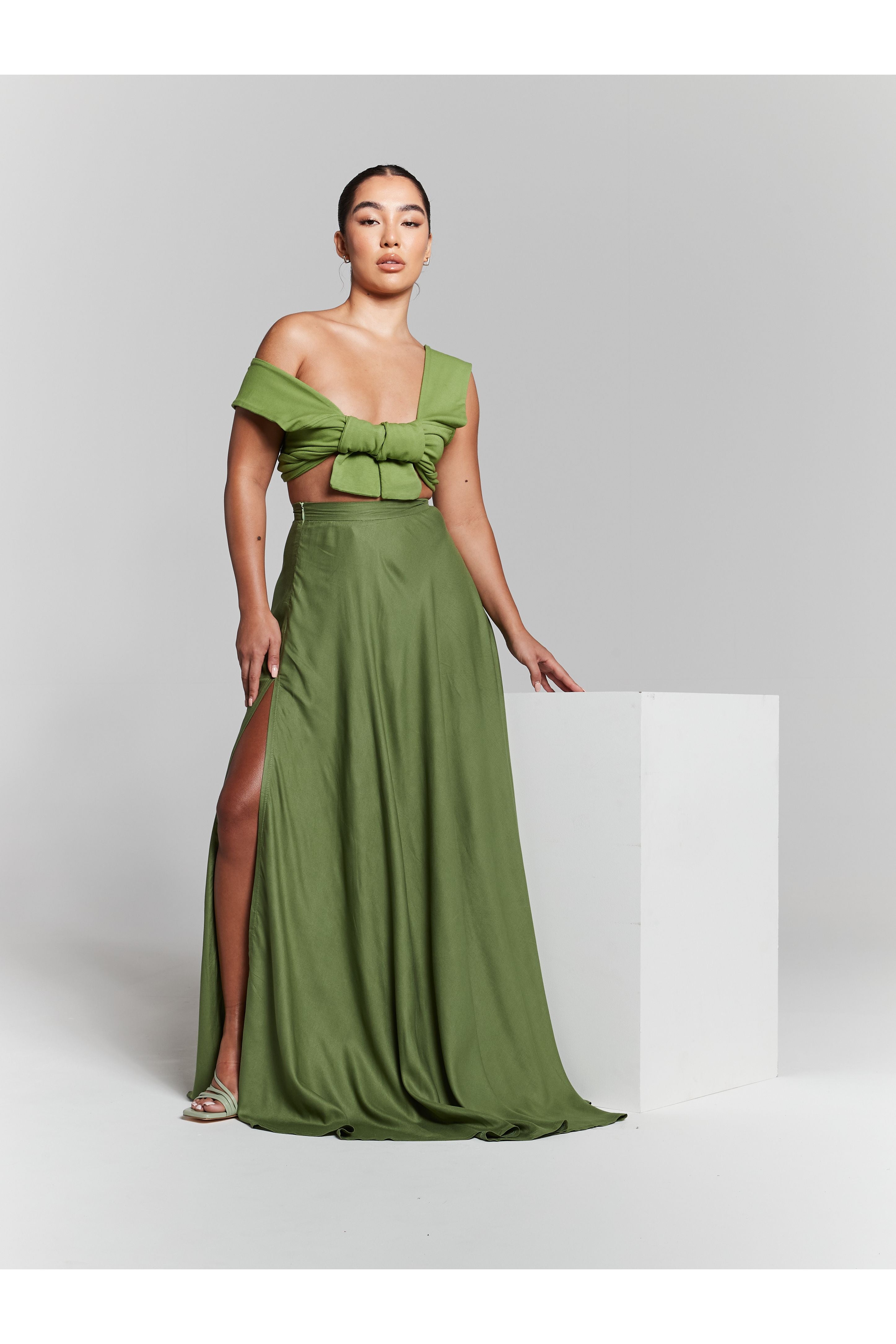 Olive Green High Waisted Maxi Skirt INF20281