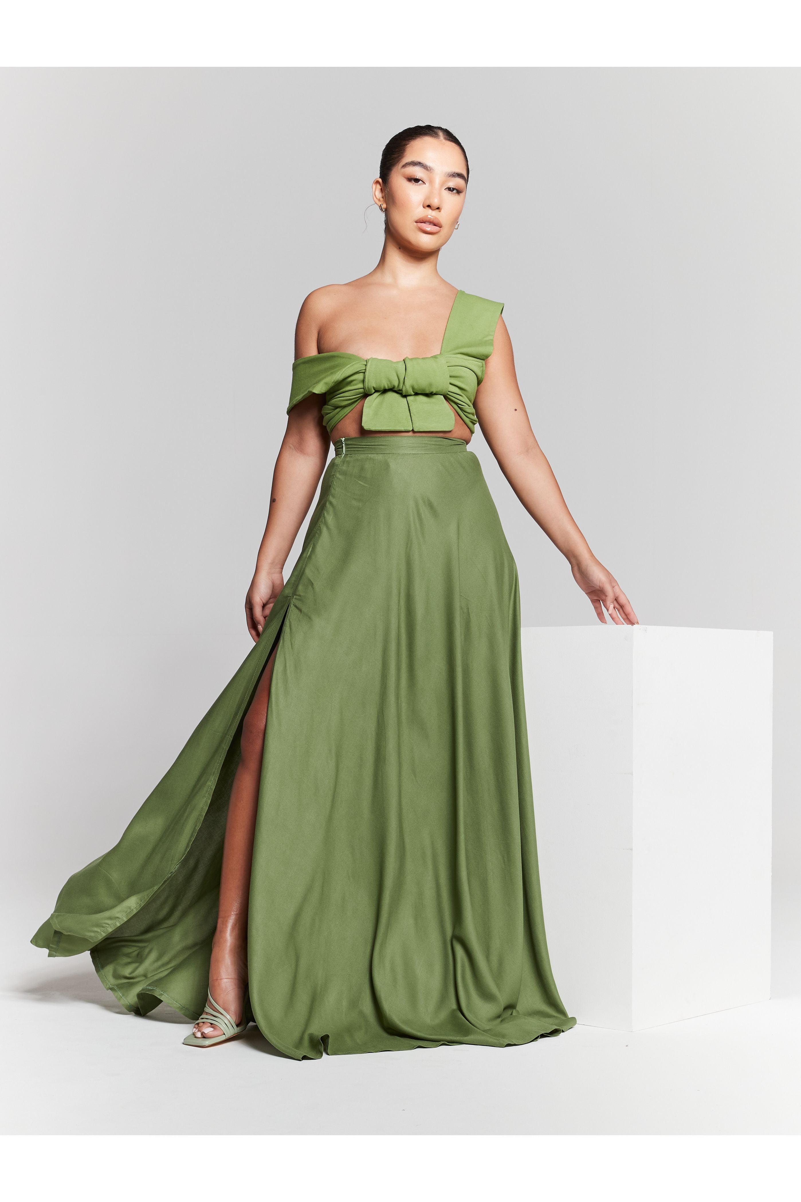 Olive Green High Waisted Maxi Skirt INF20281