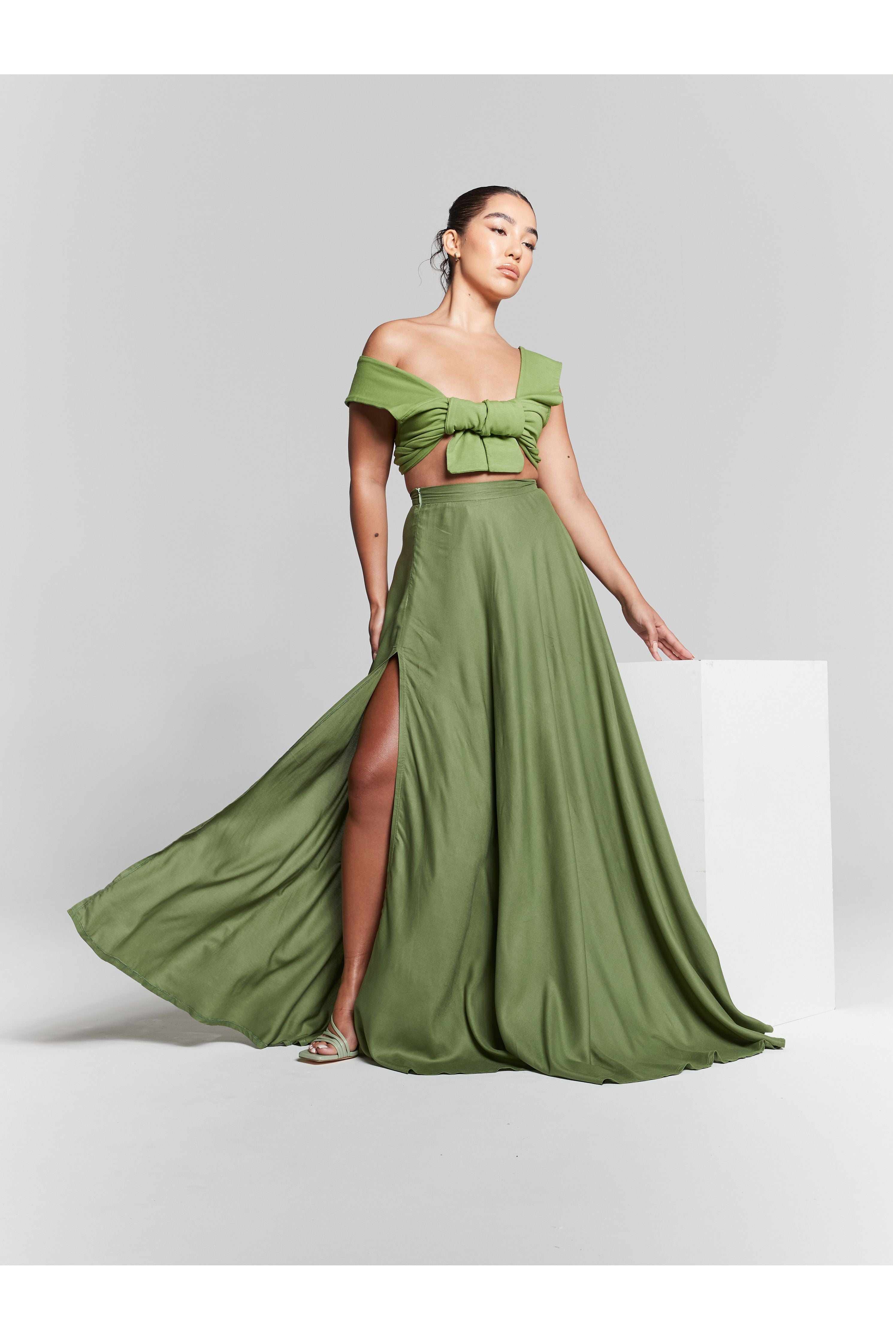 Olive Green High Waisted Maxi Skirt INF20281