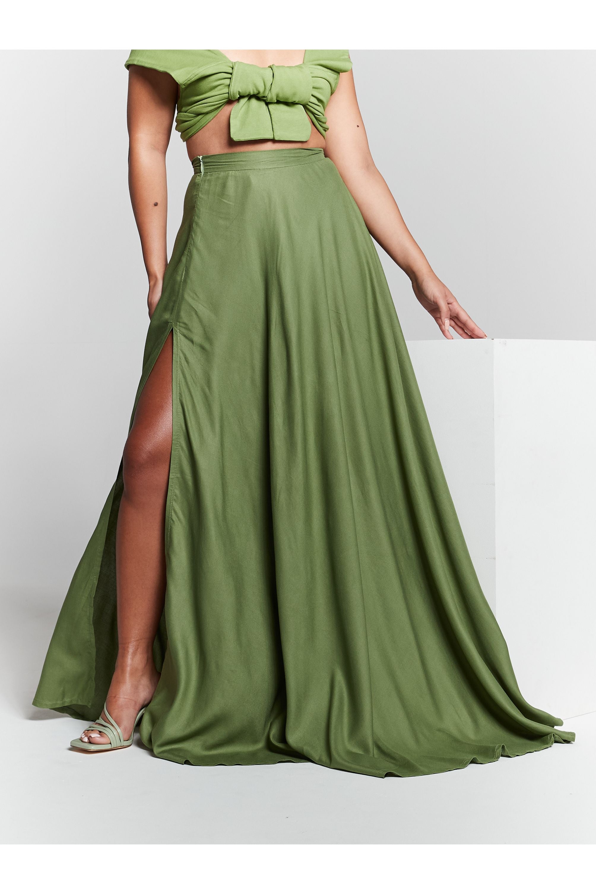 Olive Green High Waisted Maxi Skirt INF20281