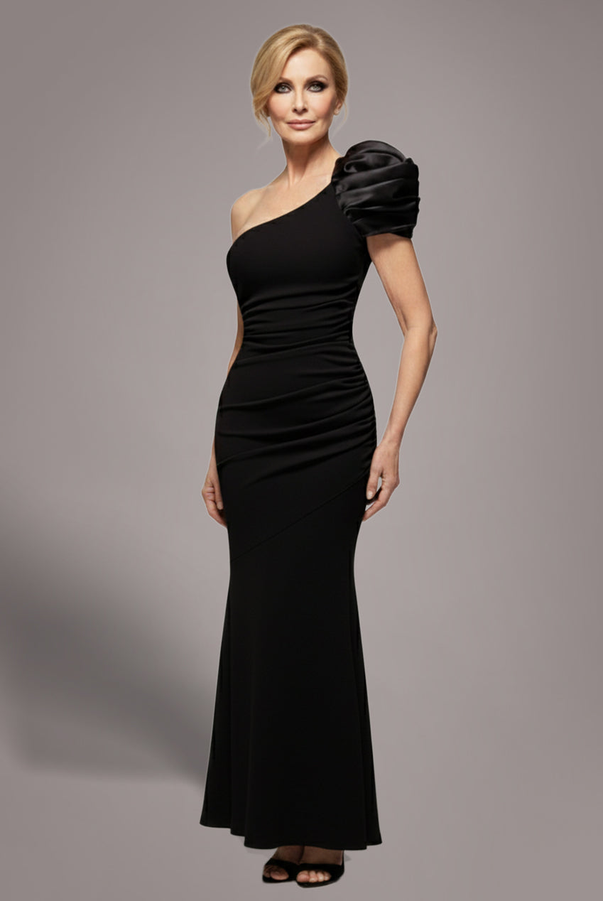 One Shoulder Puffed Satin Sleeve Evening Maxi Dress - Black DR4640M