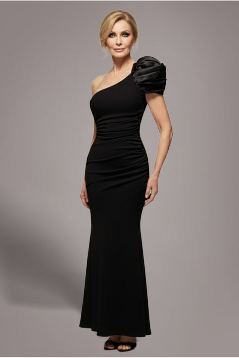 One Shoulder Puffed Satin Sleeve Evening Maxi Dress - Black by Goddiva