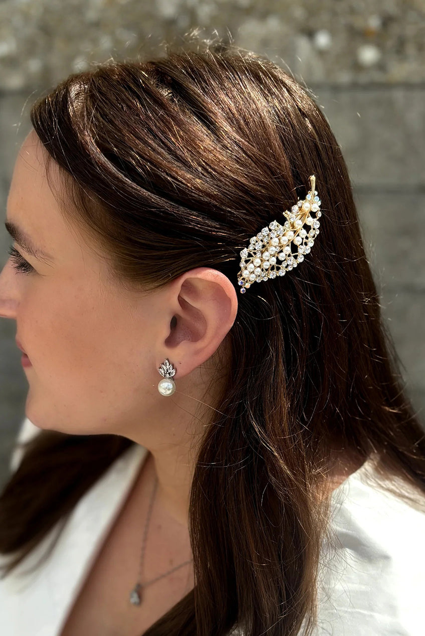 Gold Pearl Hair Clip With Diamante Clip300