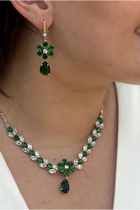 Green Crystal Flower Necklace by QueenMee Accessories