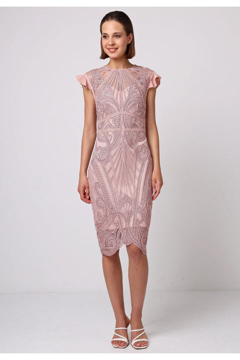 Bodycon Lace Midi Dress In Rose Pink by Angeleye