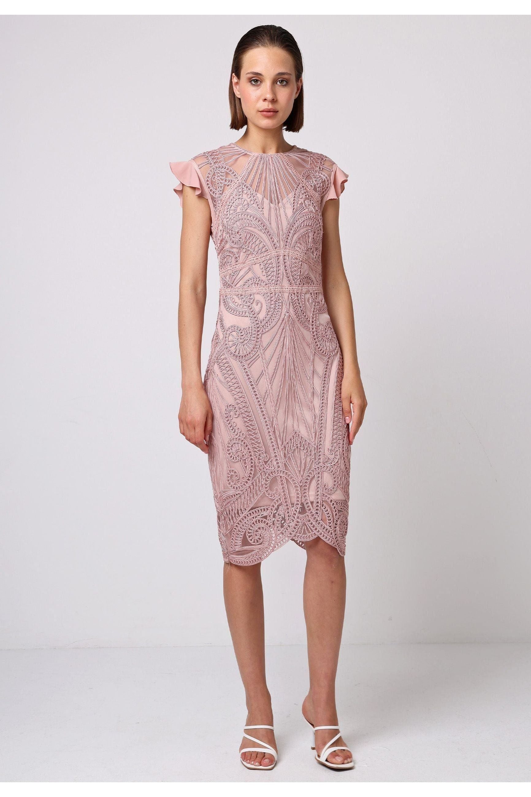 Bodycon Lace Midi Dress In Rose Pink H028654PNKF