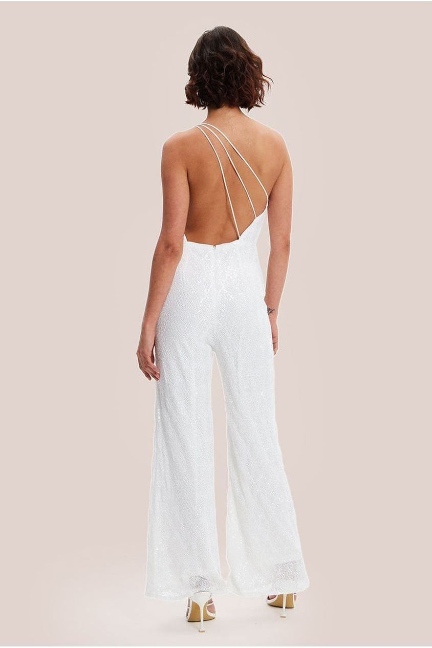 White Sequin Jersey One Shoulder Jumpsuit H5-DML017