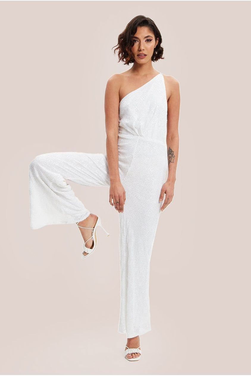 White Sequin Jersey One Shoulder Jumpsuit H5-DML017