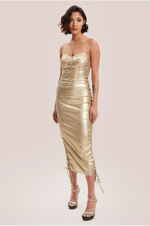 Metallic Foil Gold Lycra Eyelet Dress by Liquorish