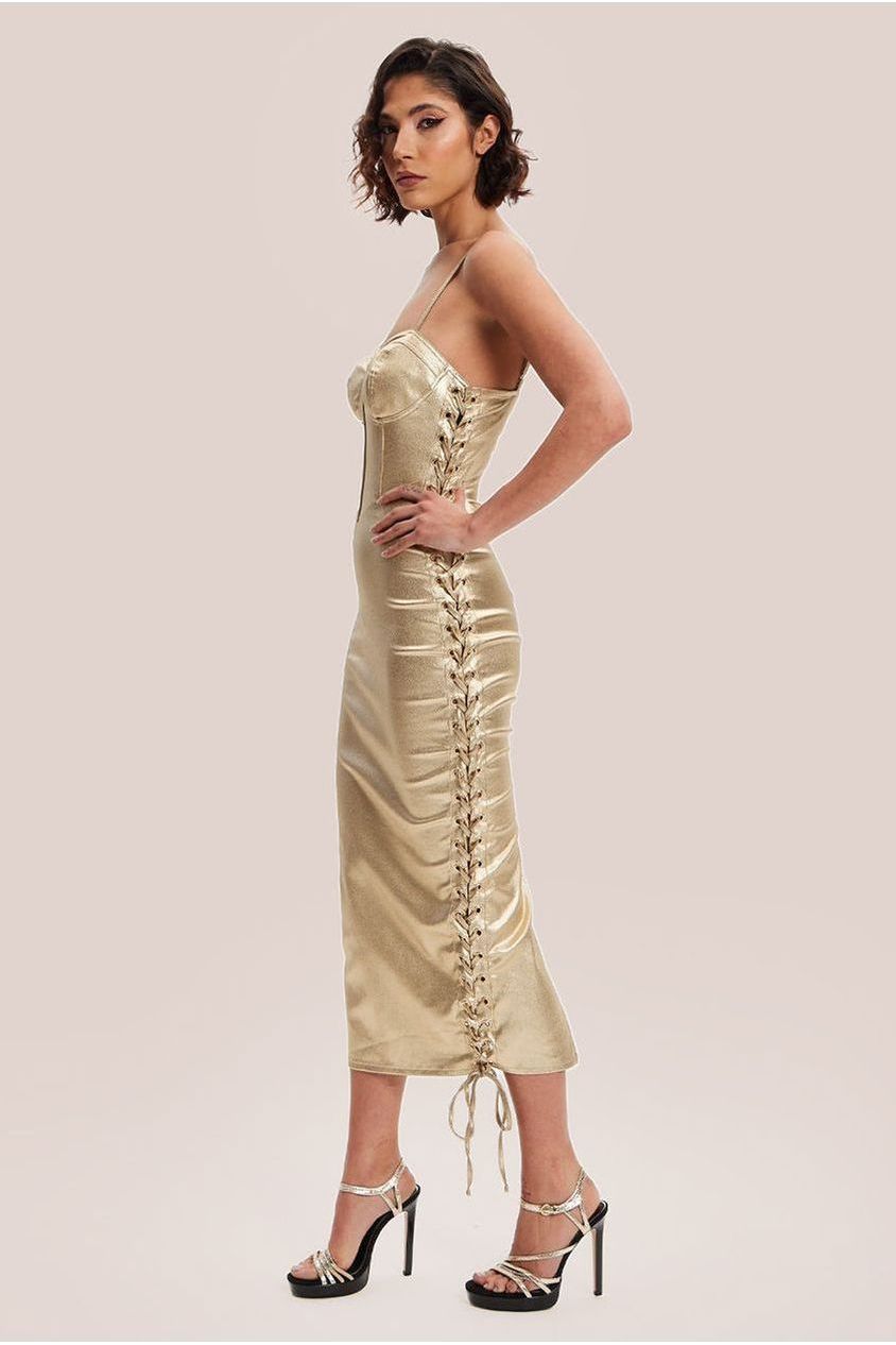 Metallic Foil Gold Lycra Eyelet Dress H6-DML020