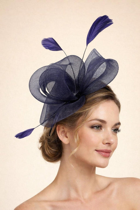 Flower & Feathers Fascinator Hat With Headband & Clip In Navy by SVNX