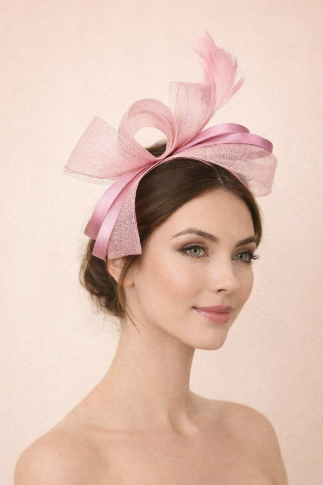 Bow Shaped Fascinator With Satin Loops & Feathers In Pink HA300809