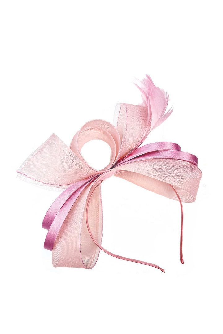 Bow Shaped Fascinator With Satin Loops & Feathers In Pink HA300809
