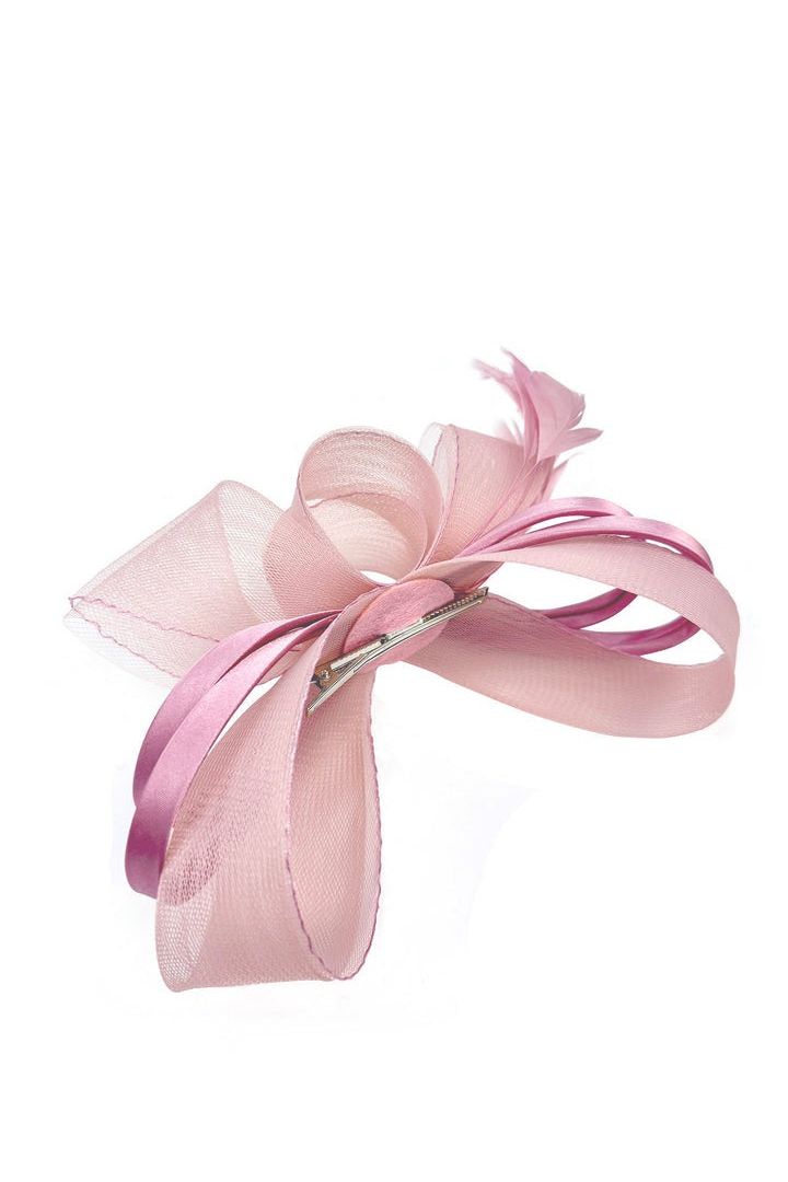 Bow Shaped Fascinator With Satin Loops & Feathers In Pink HA300809