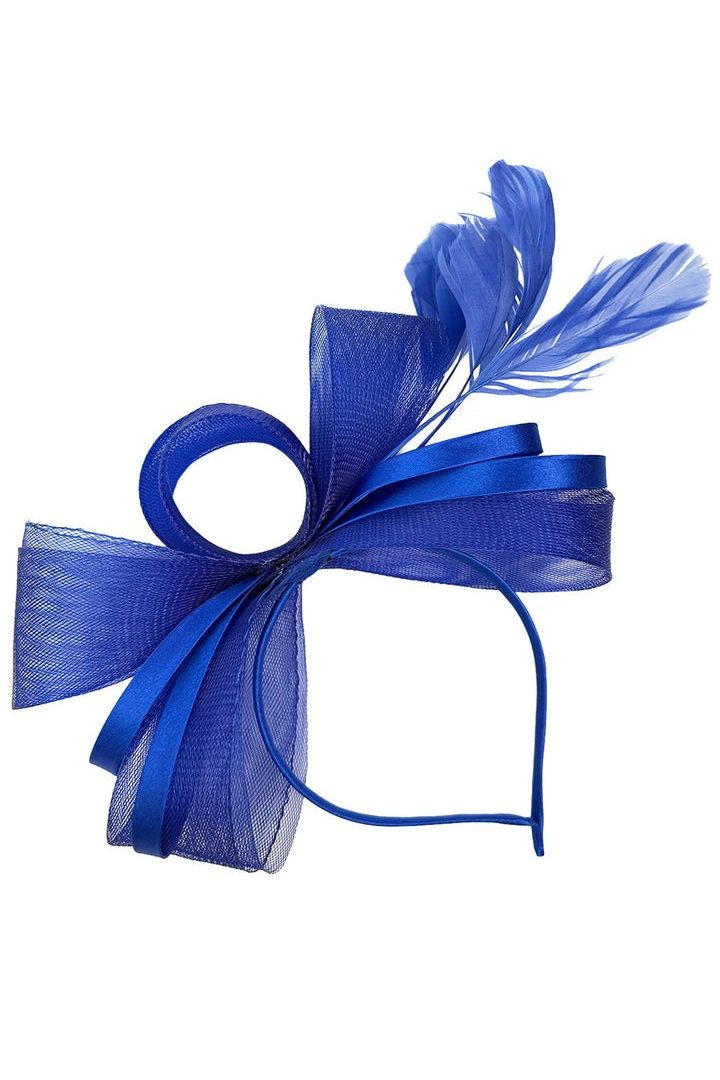 Bow Shaped Fascinator With Satin Loops & Feathers In Royal Blue HA300820