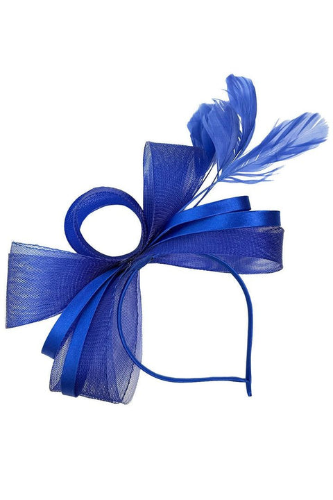 Bow Shaped Fascinator With Satin Loops & Feathers In Royal Blue by SVNX