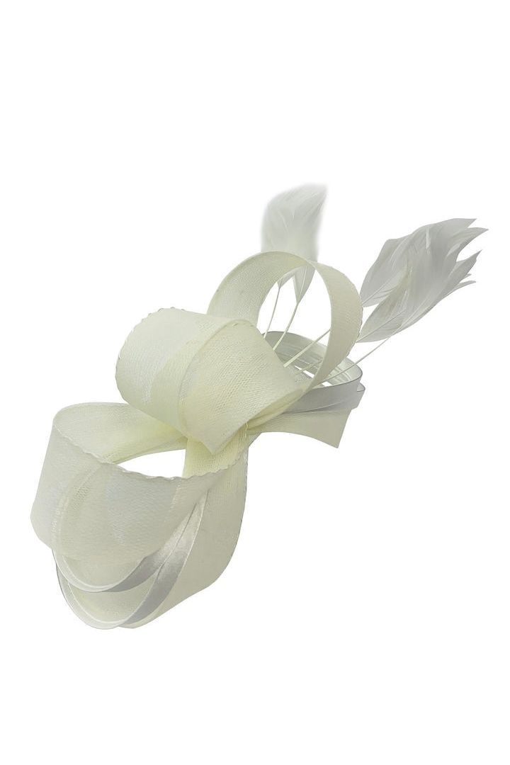 Bow Shaped Fascinator With Satin Loops & Feathers In Cream HA300830