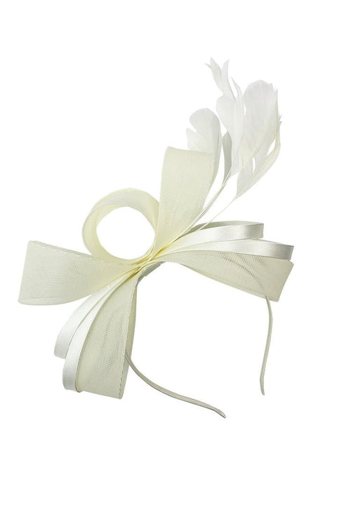 Bow Shaped Fascinator With Satin Loops & Feathers In Cream by SVNX