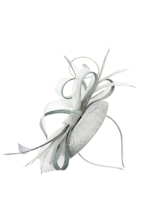 Round Pill Box Fascinator With Bow & Feathers In Grey by SVNX