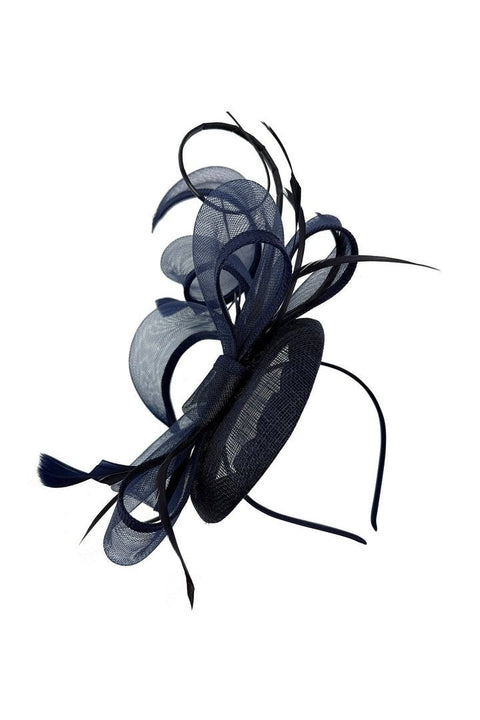 Round Pill Box Fascinator With Bow & Feathers In Navy by SVNX