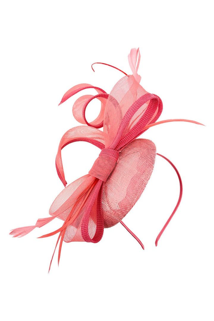 Round Pill Box Fascinator With Bow & Feathers In Coral HA300916