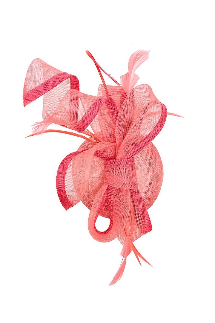 Round Pill Box Fascinator With Bow & Feathers In Coral HA300916