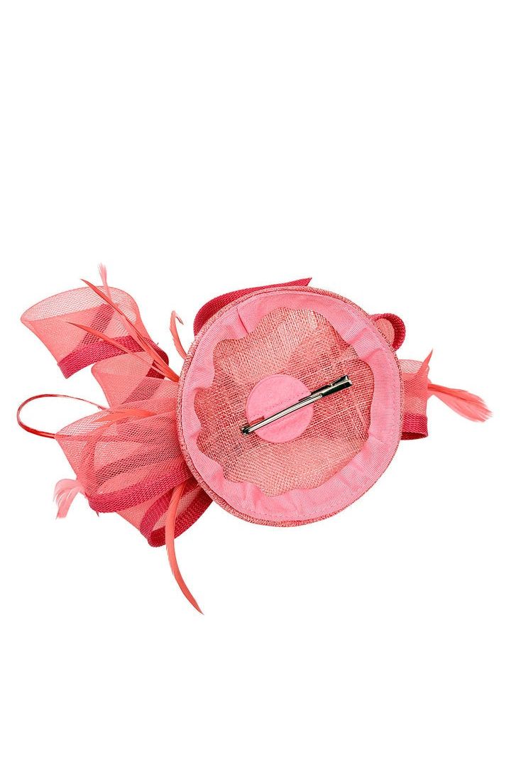 Round Pill Box Fascinator With Bow & Feathers In Coral HA300916
