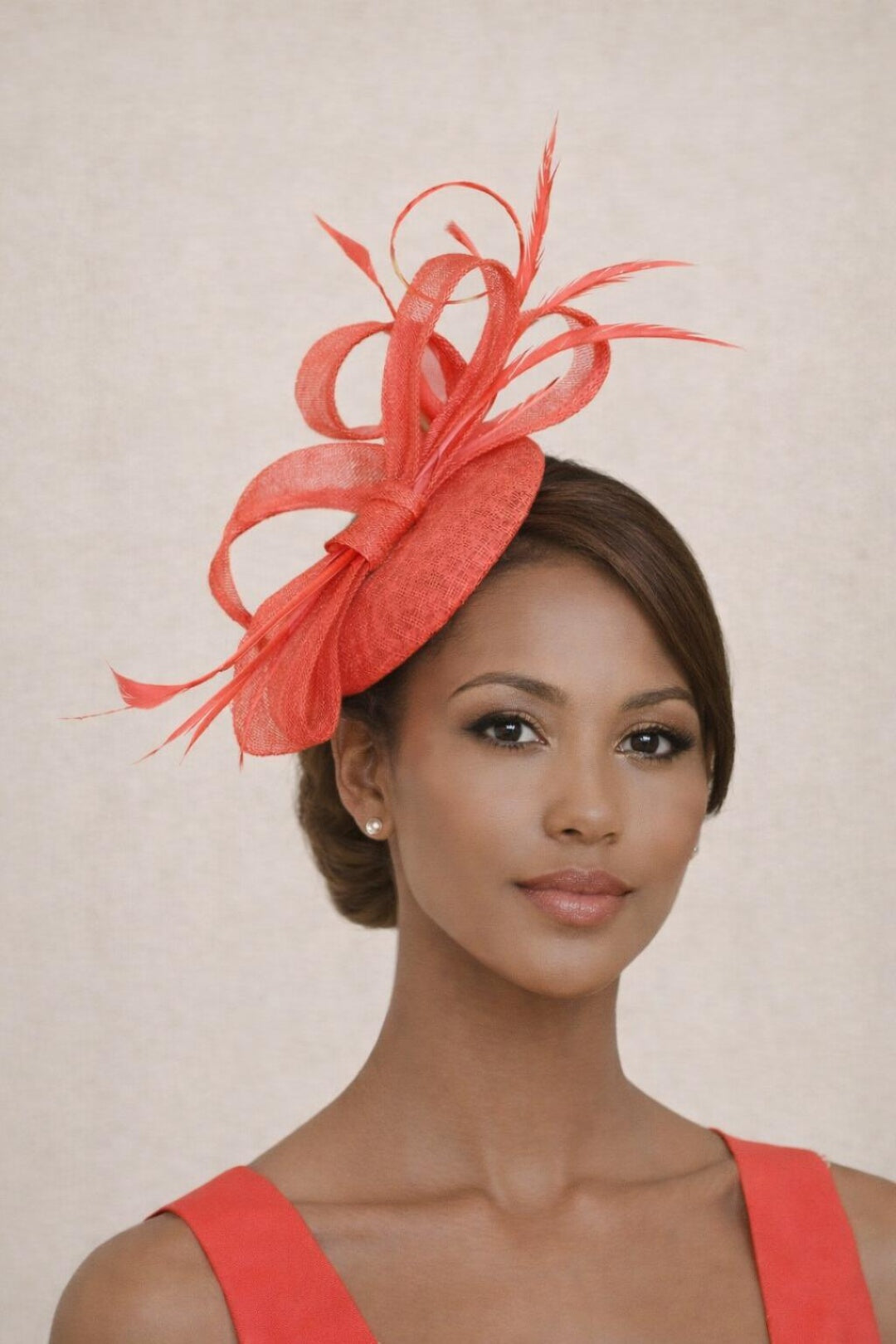 Round Pill Box Fascinator With Bow & Feathers In Coral HA300916