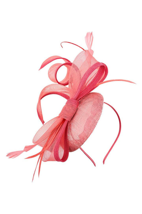 Round Pill Box Fascinator With Bow & Feathers In Coral by SVNX