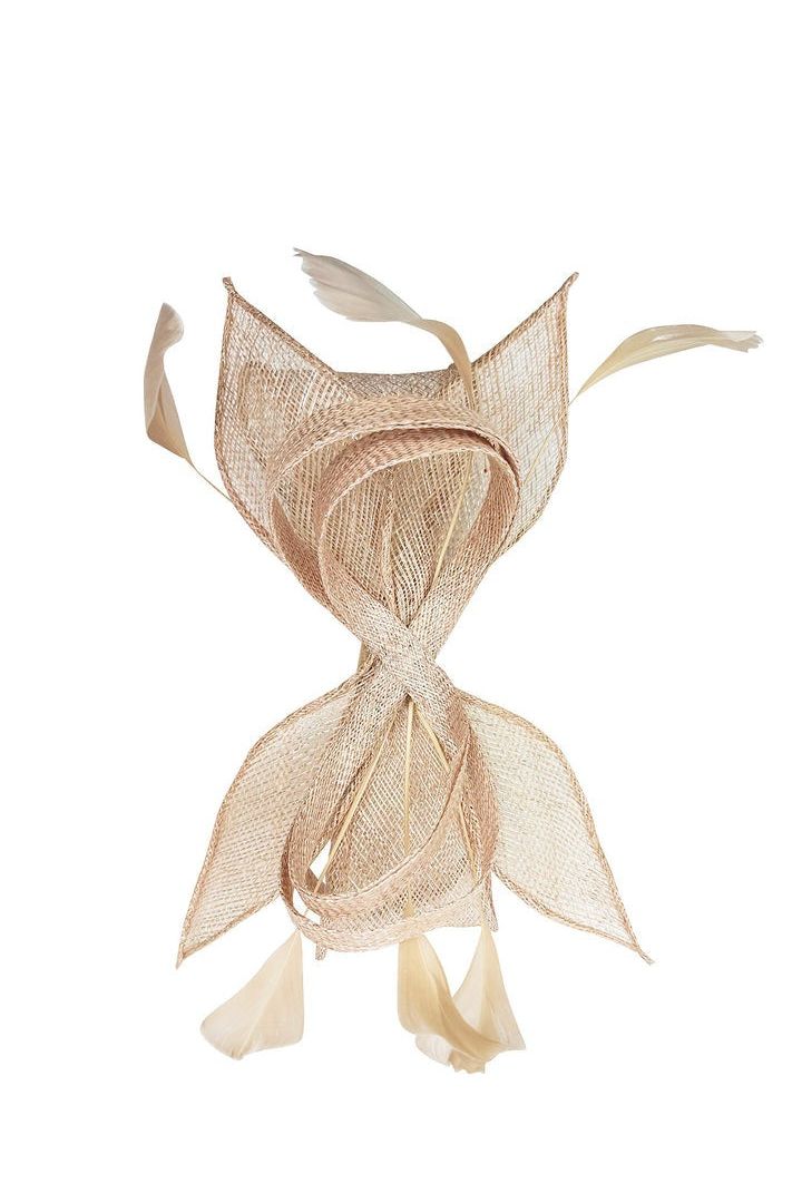 Bow Shaped Fascinator With Sinamay Curls & Feathers In Nude HA301008