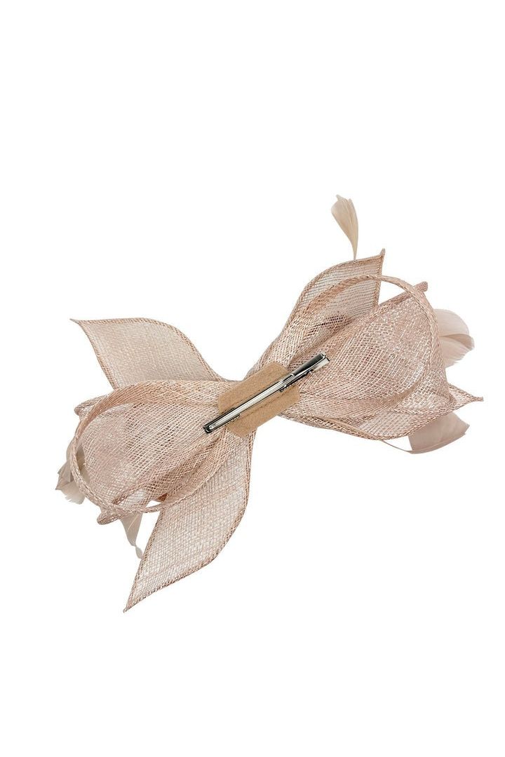 Bow Shaped Fascinator With Sinamay Curls & Feathers In Nude HA301008