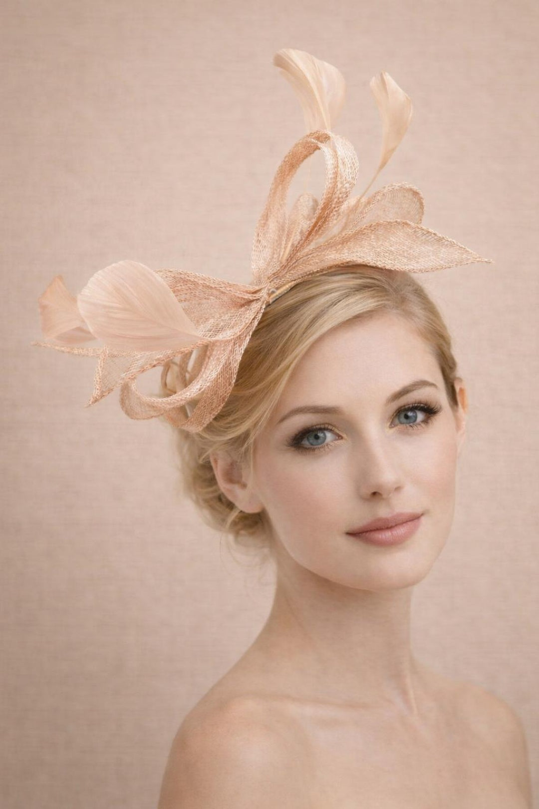 Bow Shaped Fascinator With Sinamay Curls & Feathers In Nude HA301008