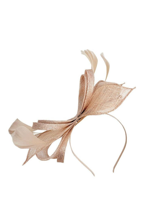 Bow Shaped Fascinator With Sinamay Curls & Feathers In Nude by SVNX
