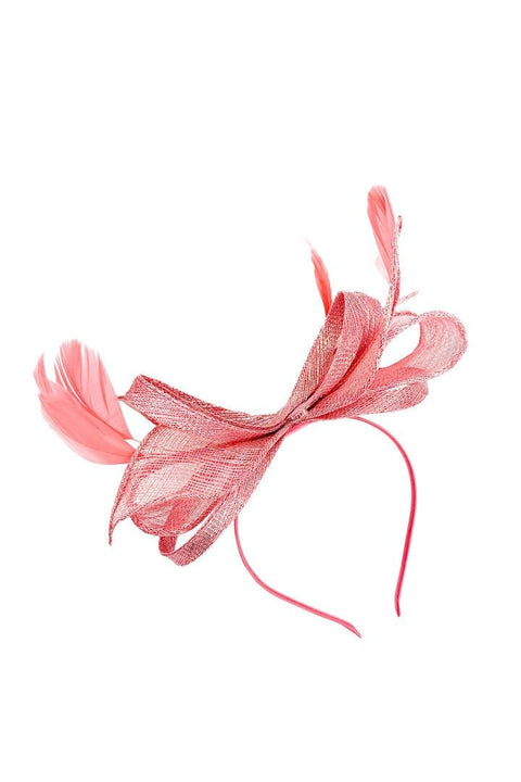 Bow Shaped Fascinator With Sinamay Curls & Feathers In Pink by SVNX