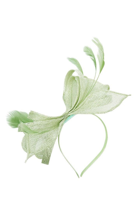 Bow Shaped Fascinator With Sinamay Curls & Feathers In Pastel Green by SVNX