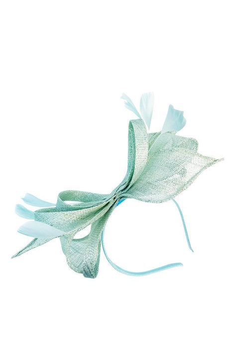 Bow Shaped Fascinator With Sinamay Curls & Feathers In Mint Blue by SVNX