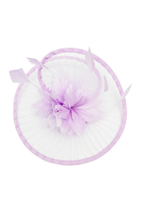 Spiral Circular Brim Fascinator With Feathers Burst In Lilac by SVNX