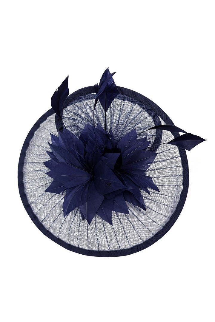 Spiral Circular Brim Fascinator With Feathers Burst In Navy HA301115