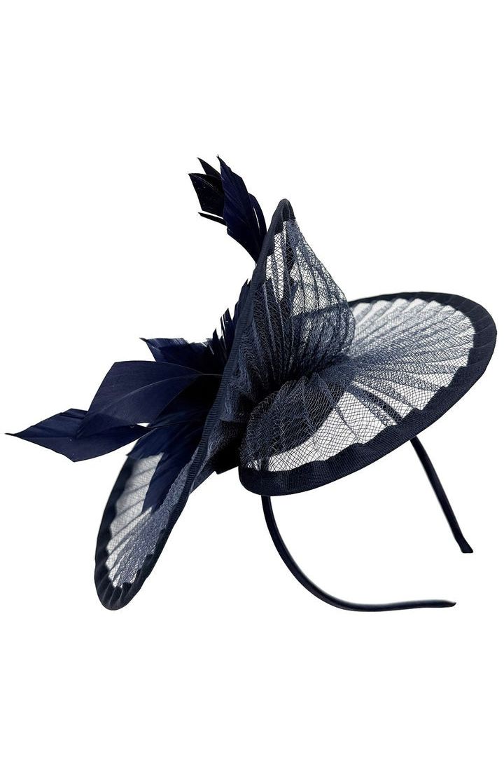 Spiral Circular Brim Fascinator With Feathers Burst In Navy HA301115