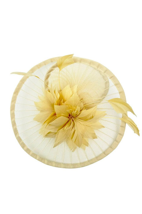 Spiral Circular Brim Fascinator With Feathers Burst In Beige by SVNX