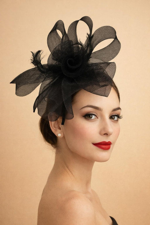 Folded Bow Fascinator With Tipped Feathers In Black by SVNX