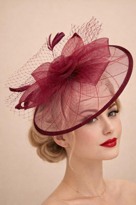 Floral Bow Mesh Detailing Fascinator In Maroon by SVNX