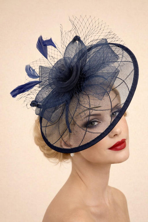 Floral Bow Mesh Detailing Fascinator In Navy by SVNX