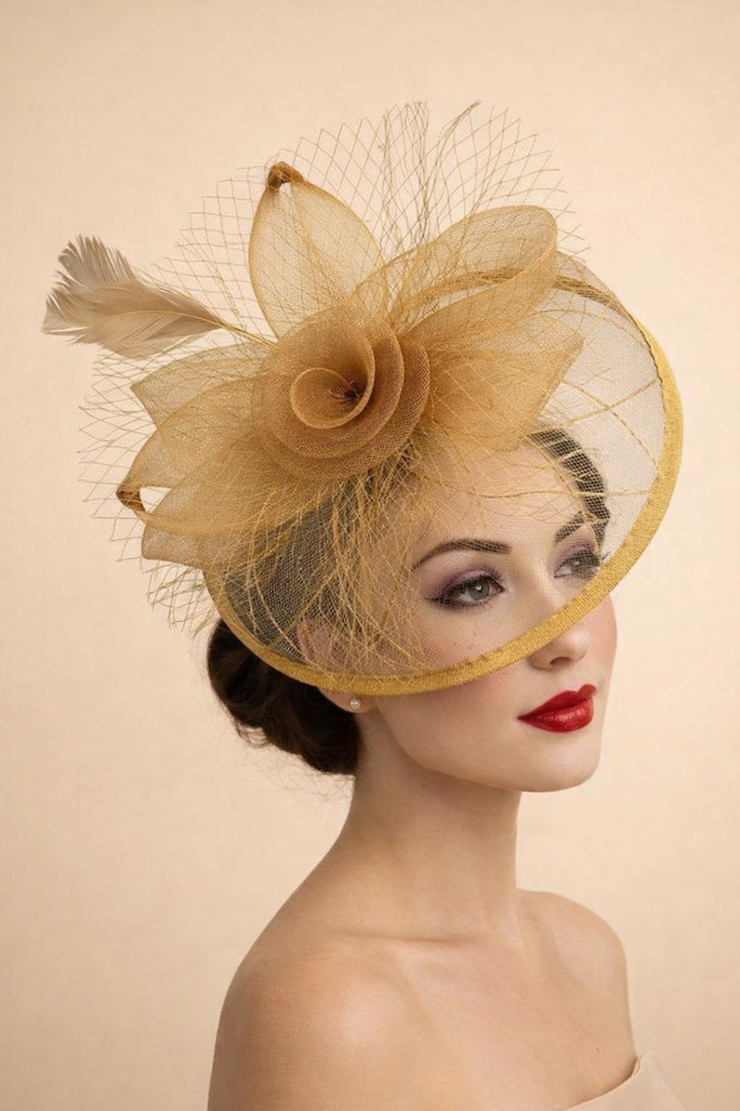 Floral Bow Mesh Detailing Fascinator In Beige HA302128